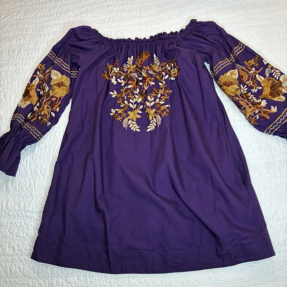 Free People purple mini dress S embroidered off-shoulder boho peasant romantic‎